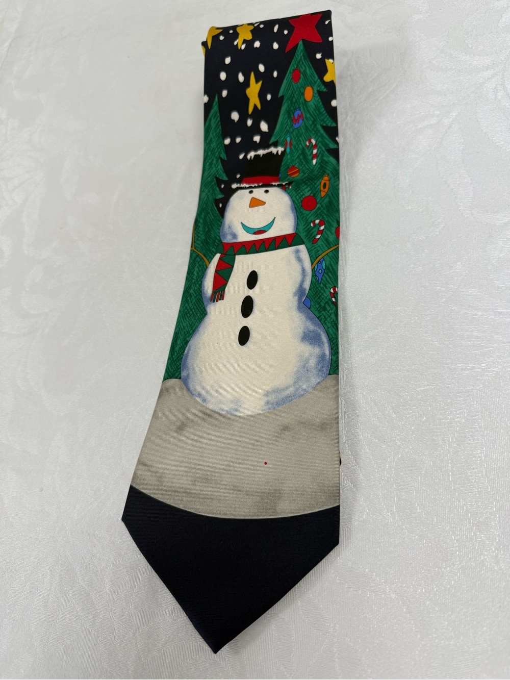 Black Tie with Snowman, Green Trees and Red Accents